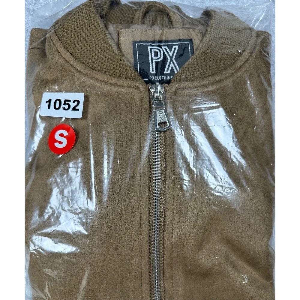 PX CLOTHING Bomber Jacket Brown Faux Suede Full Zipper Front Men's Small